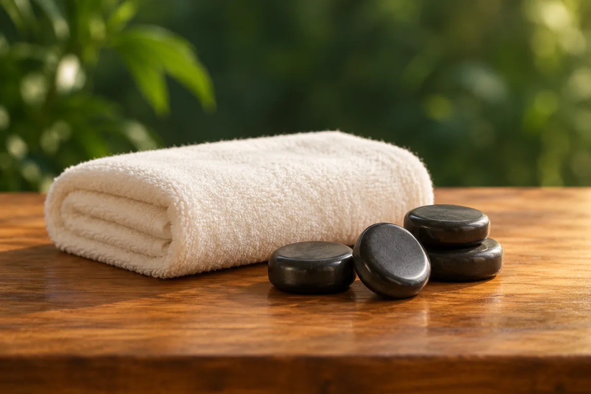 Illustrative still life of therapy magnets beside a folded towel; not clinic equipment
