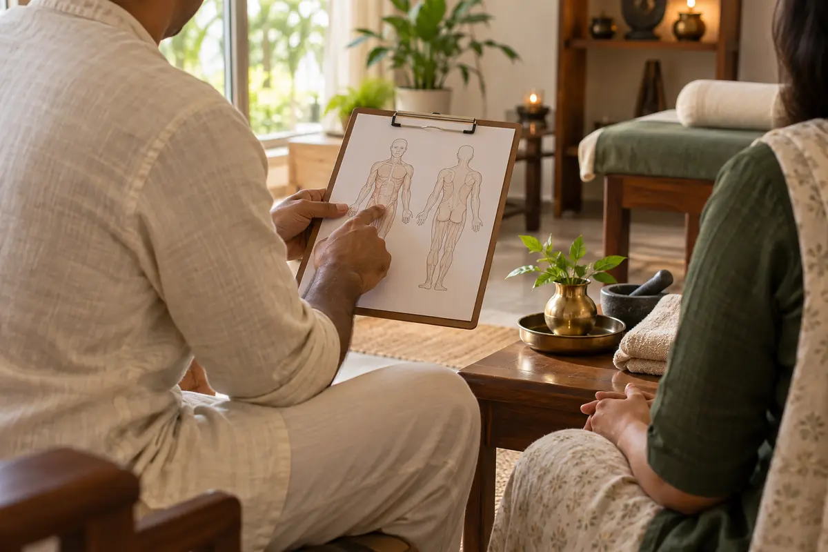 Illustrative consultation about posture; not Kiran or the clinic